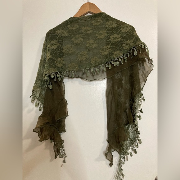 Accessories - Vintage Elegant Olive Green Lace Scarf with  Trim
